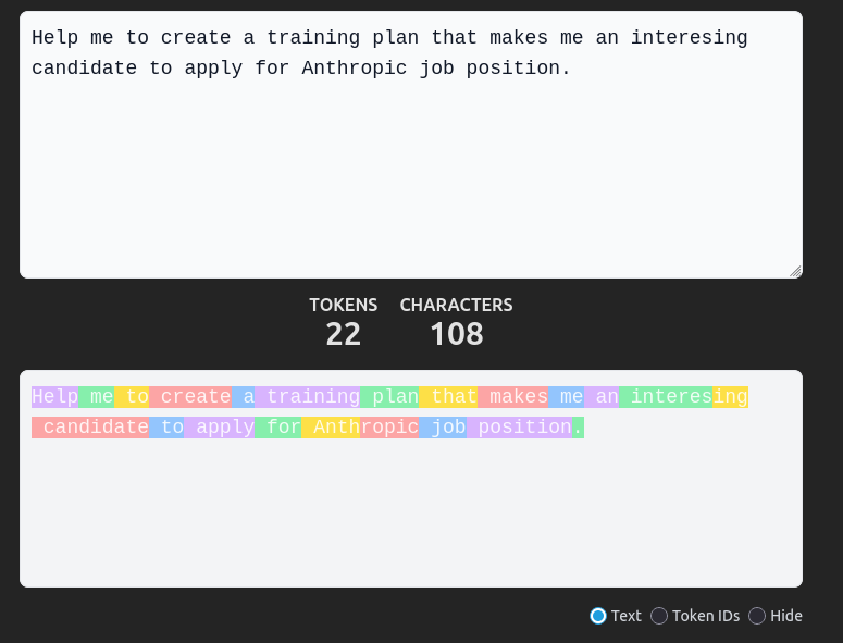 Tokenization of a sentence